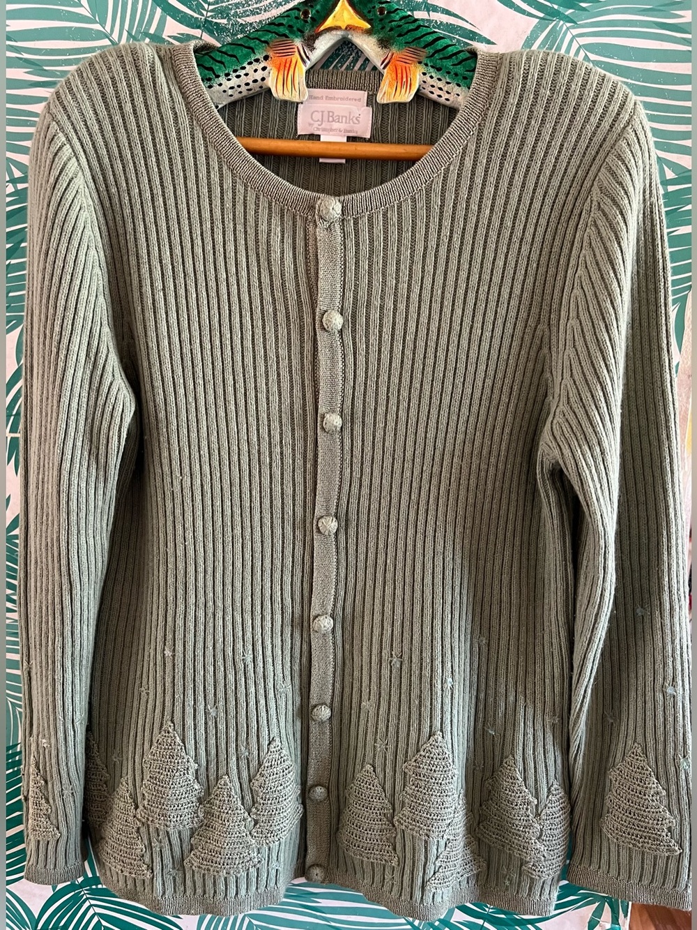 CJ Banks hand embroidered Xmas trees Light Sage Ribbed Button Cardigan w/sequins